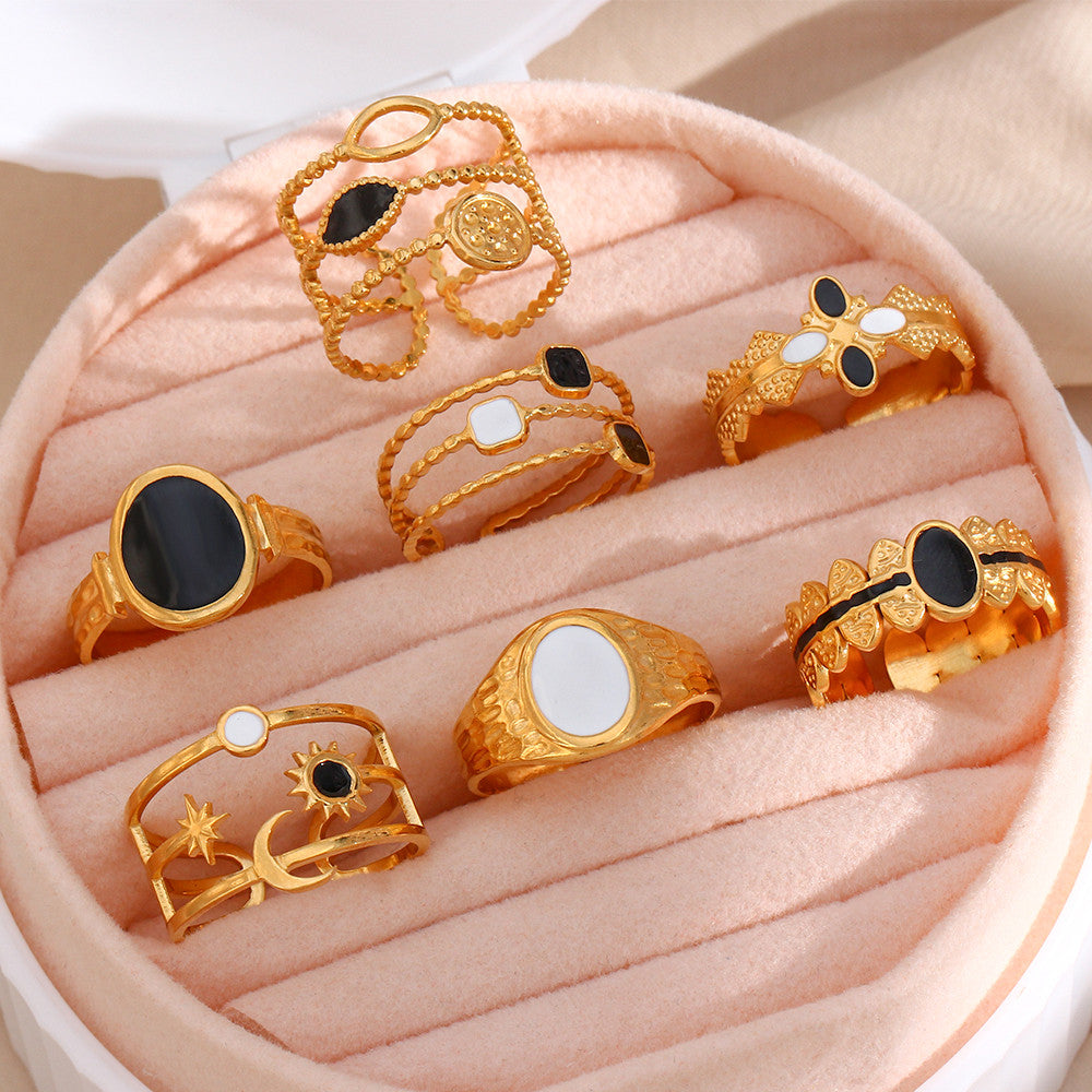 Enamel Black | 18k Gold over No Fade Stainless Steel Hollow Adjustable Rings