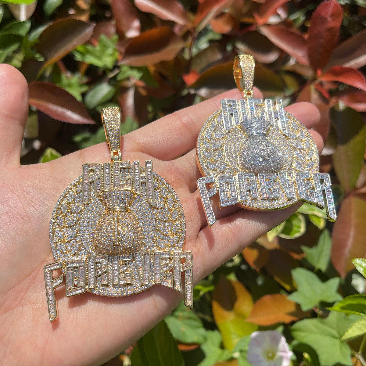 Mens Iced Blinged Out Rich Forever Nameplate Money Bag Hip Hop Pendant