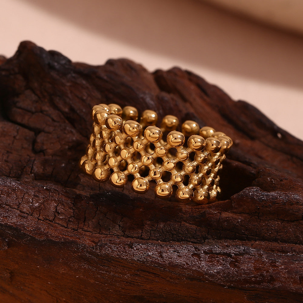 18k Gold Waterproof Small Ball Mesh Faced Stainless Steel Ring
