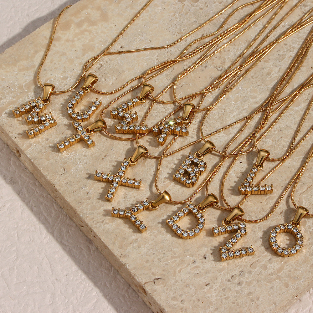 18k Gold Stainless Steel Thin Snake Chain 3A Zircon Stone Paved Initial Necklace