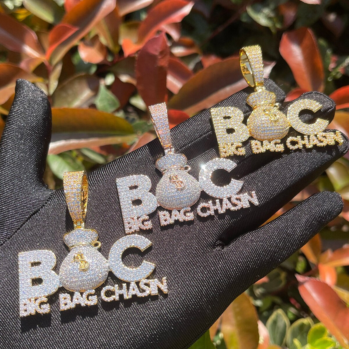 Mens Flooded Ice Big Bag Chasin Money Bag Blinged Out Pendant Chain Necklaces