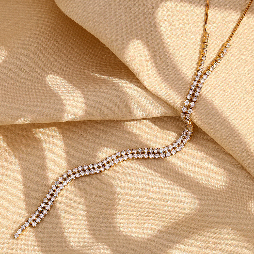 Ladies 18k Gold Stainless Steel Waterproof Snake Chain Y-shaped Zircon Flow Velocity Necklace