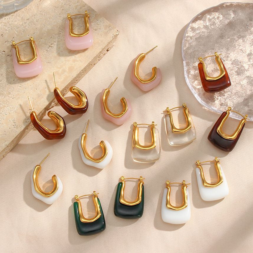 18k Gold Stainless Steel Tarnish Free Resin Crystal Hoop Earrings