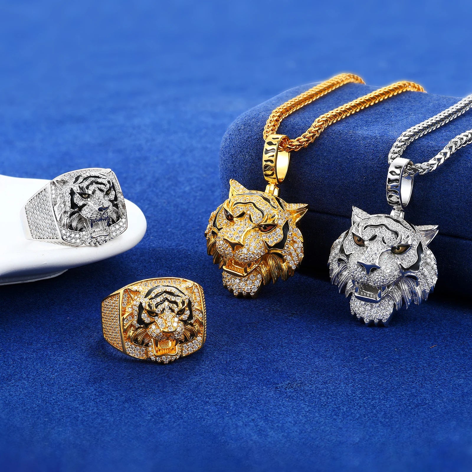 Tiger Pride Collection | 925 Sterling Silver Moissanite Diamond Tiger Pendant Ring Jewelry Set