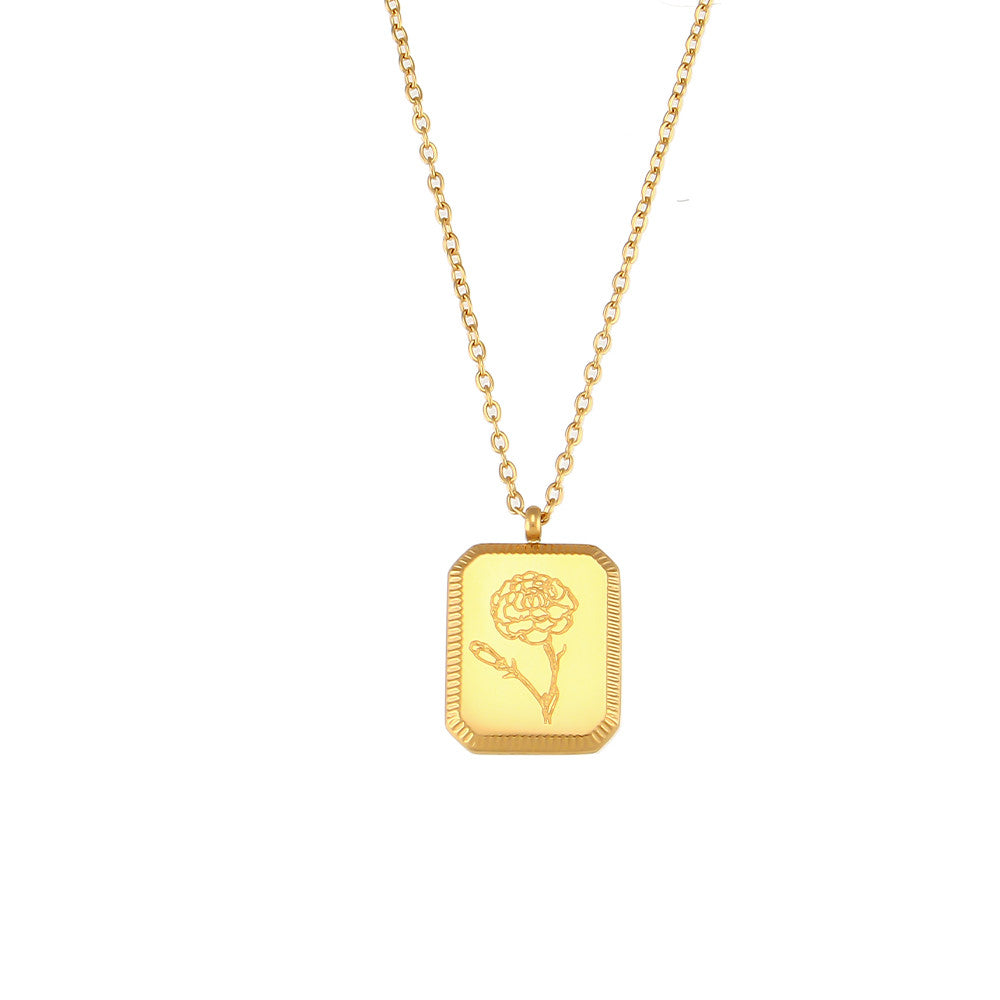 18k Gold Waterproof Stainless Steel Square Flower Birthstone Necklaces