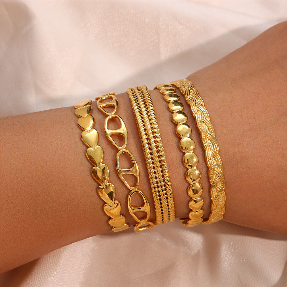 Women's 18k Gold No Tarnish Adjustable Stainless Steel Open Cuff Bangle Bracelets