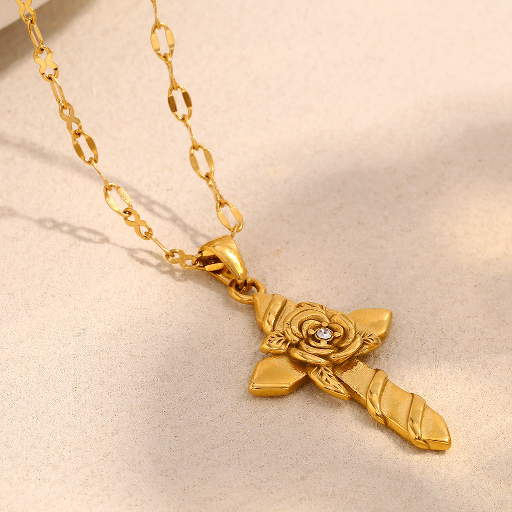 18k Gold Waterproof Rose Flower Bling Stainless Steel Hip Hop Cross Pendant Necklace