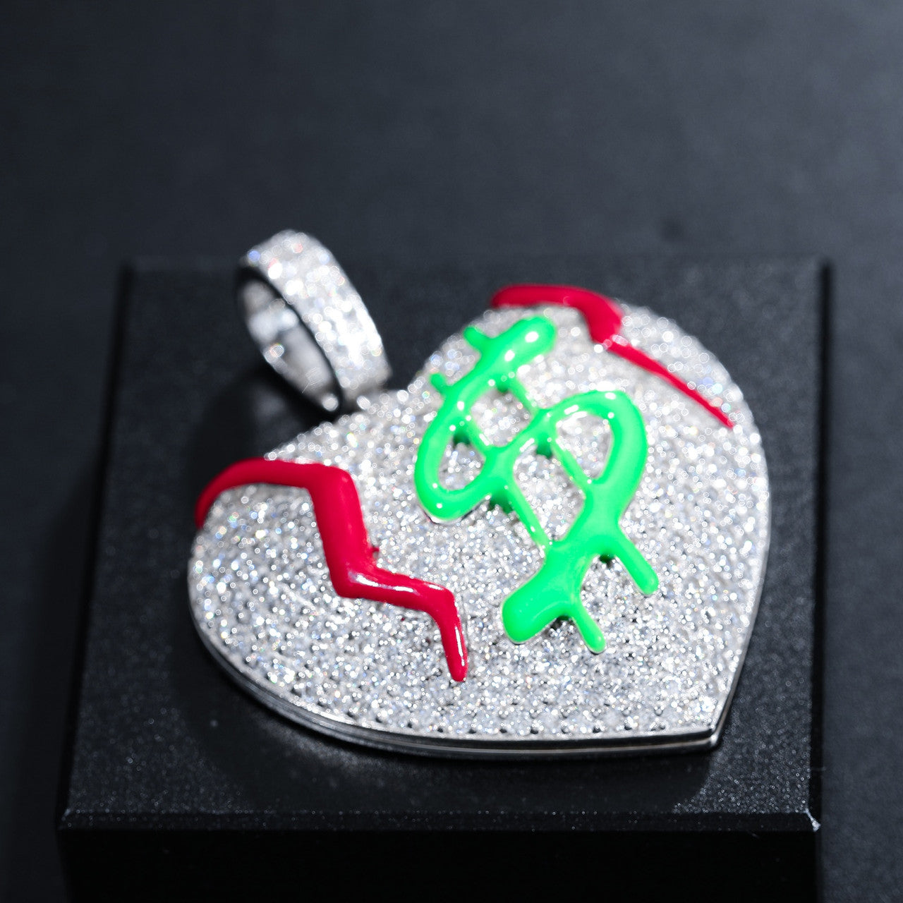 Genuine VVS Diamond Get The Money Bleeding Broke Heart Hip Hop Pendant Chain Necklace
