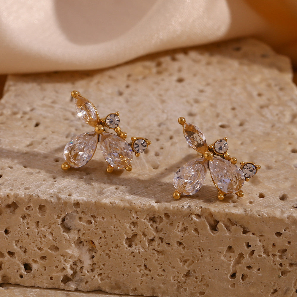 Elegant Flower Leaf 3A Cubic Zirconia 18k Gold Waterproof Stainless Steel Stud Earrings