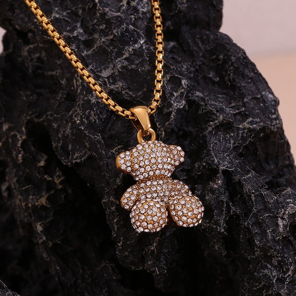 Ladies 18k Gold Waterproof No Fade Stainless Steel Sitting Standing Bear Pendant Necklace