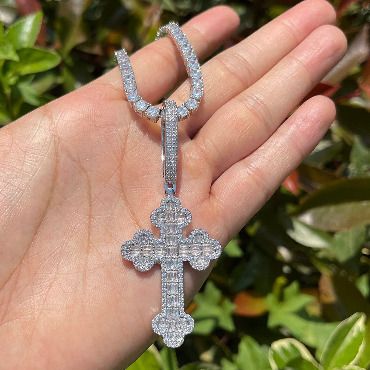 Mens Baguette Iced Blinged Out Clover Cut Hip Hop Cross Pendant Chain Necklace