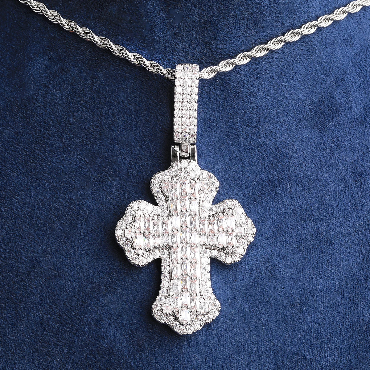 Baguette Wave | VVS Diamond CZ Iced Blinged Out Prong Set Cross Pendant Chain