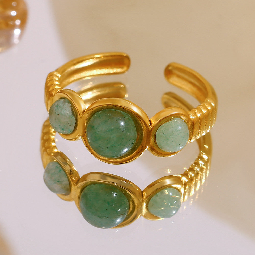 18k Gold Round Natural Green Aventurine Stone Cuff Ring Stainless Steel Waterproof Rings