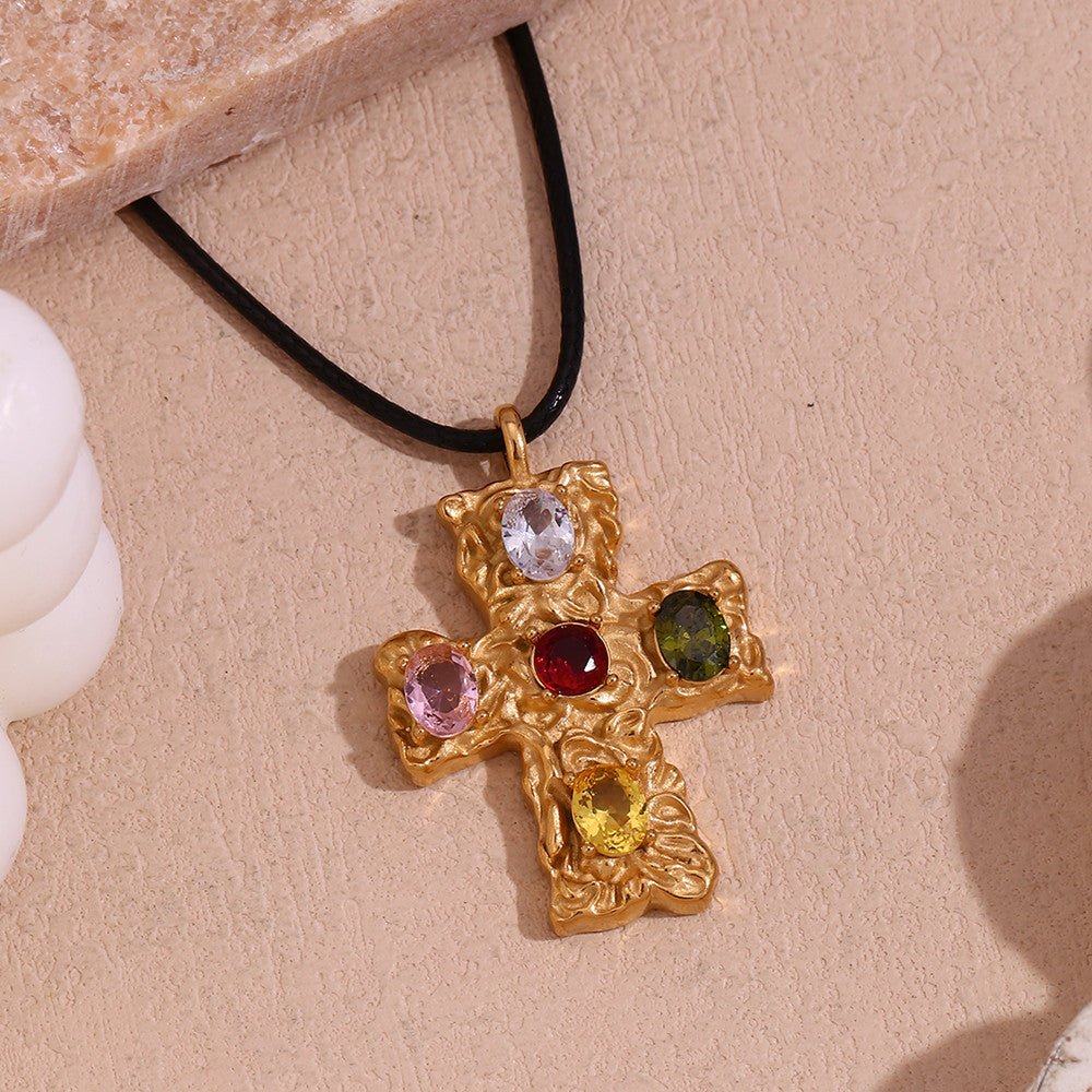 Designer Pattern Colorful Gemstone CZ 18k Gold Stainless Steel Cross Pendant Necklace