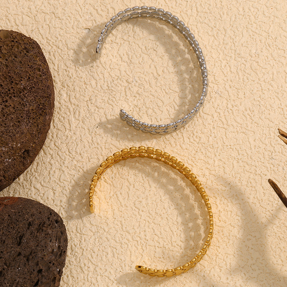 Ladies Classic Style Three Layers Round Cuff 18K Gold Adjustable Waterproof 316L SS Bracelet