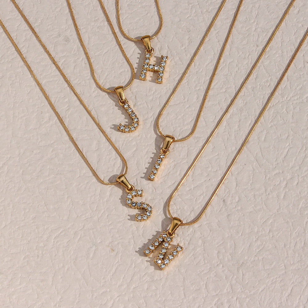 18k Gold Stainless Steel Thin Snake Chain 3A Zircon Stone Paved Initial Necklace