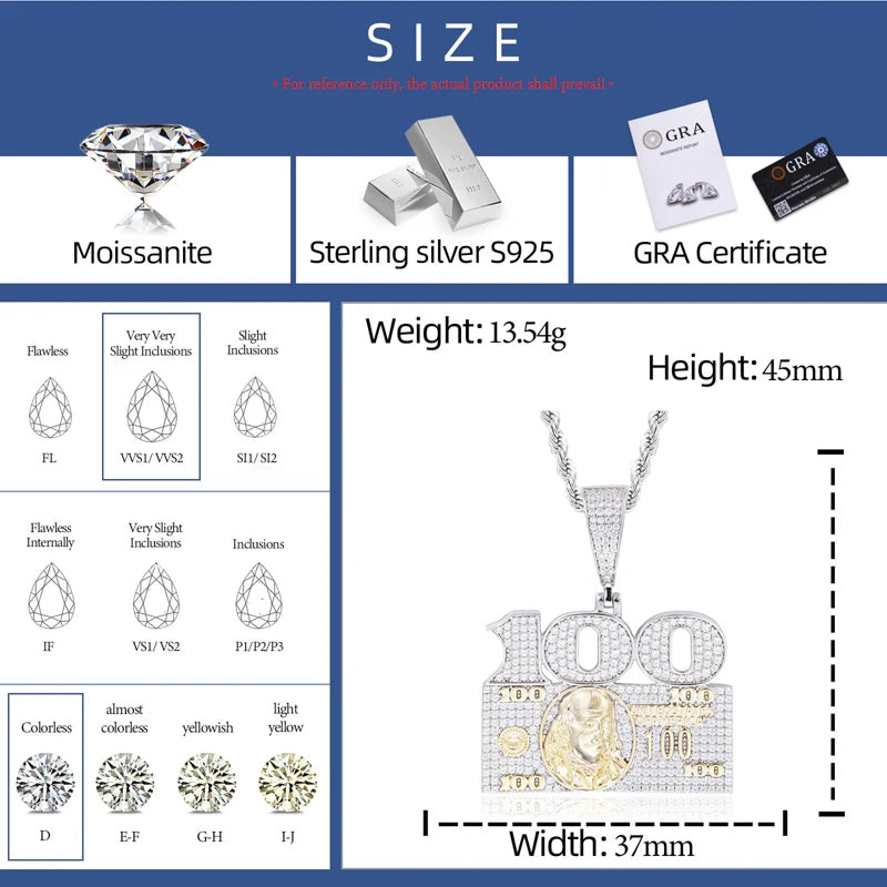 Keep It 100 | Iced Blinged Out Moissanite Diamond  925 Sterling Silver 100 Dollar Pendant