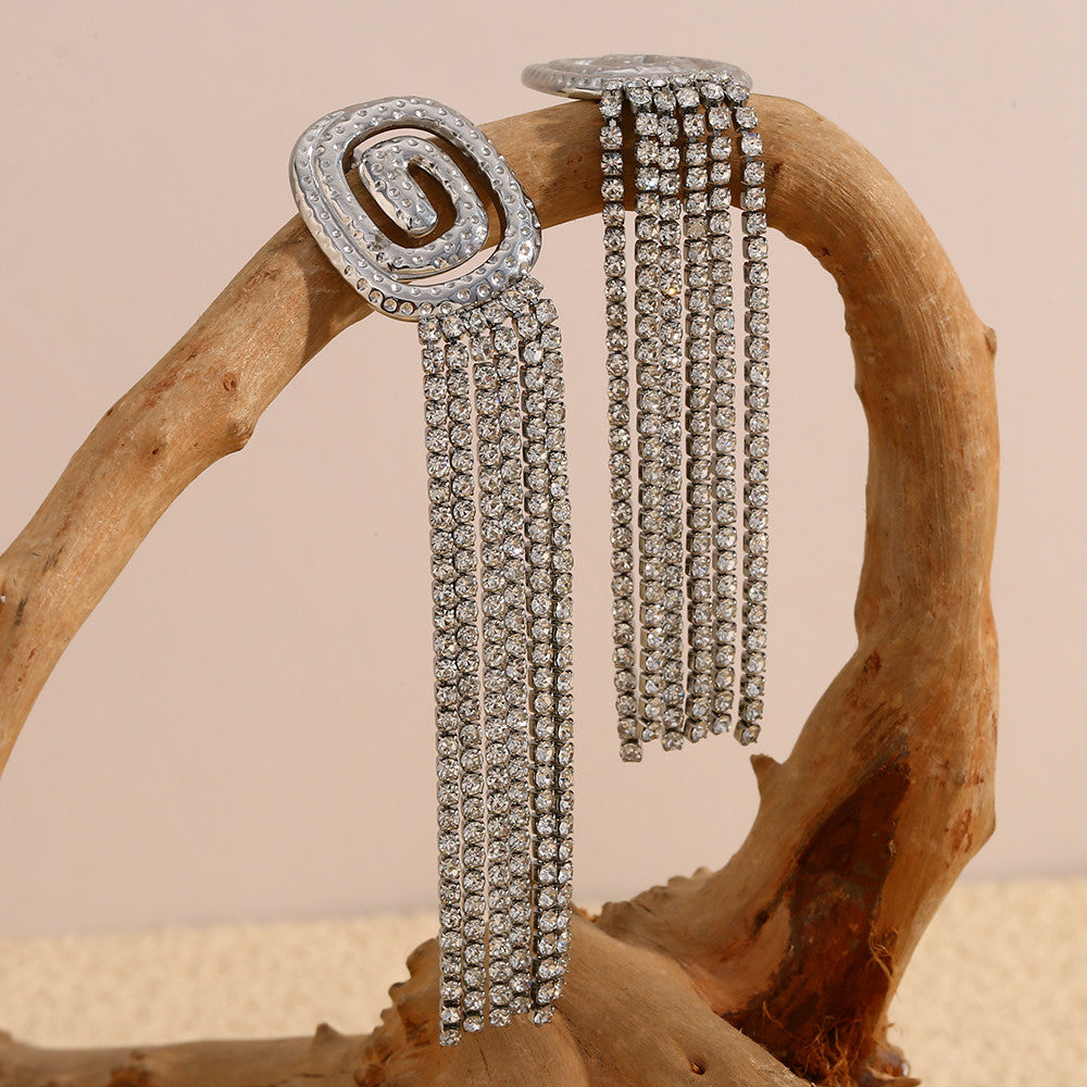 Ladies 18K Gold No Fade Stainless Steel Luxury Vortex Ful CZ Tassel Earrings