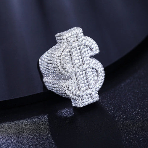 Genuine VVS Diamond Cash Money Dollar Sign Solid Sterling Silver Hip Hop Rings