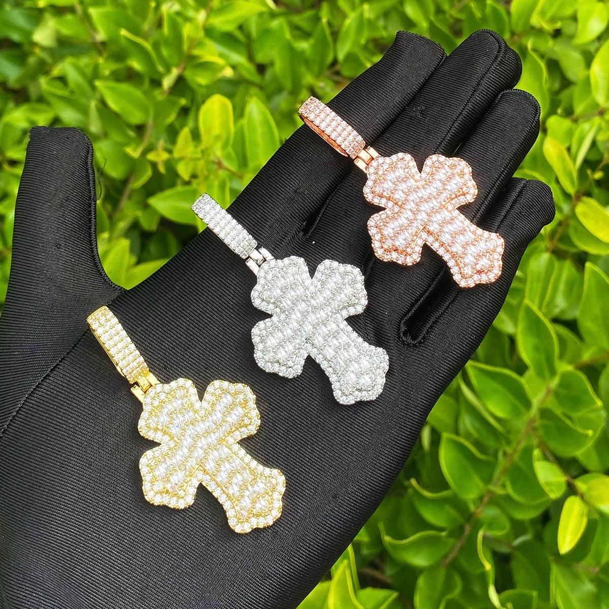 Baguette Wave | VVS Diamond CZ Iced Blinged Out Prong Set Cross Pendant Chain