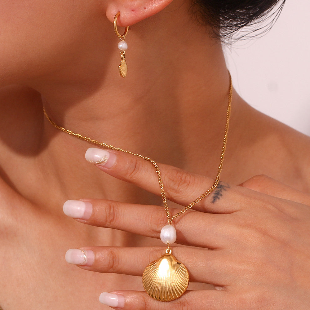 18k Gold Eco-friendly Freshwater Pearl Boho Shell Necklace Hoop Earrings Jewelry Set