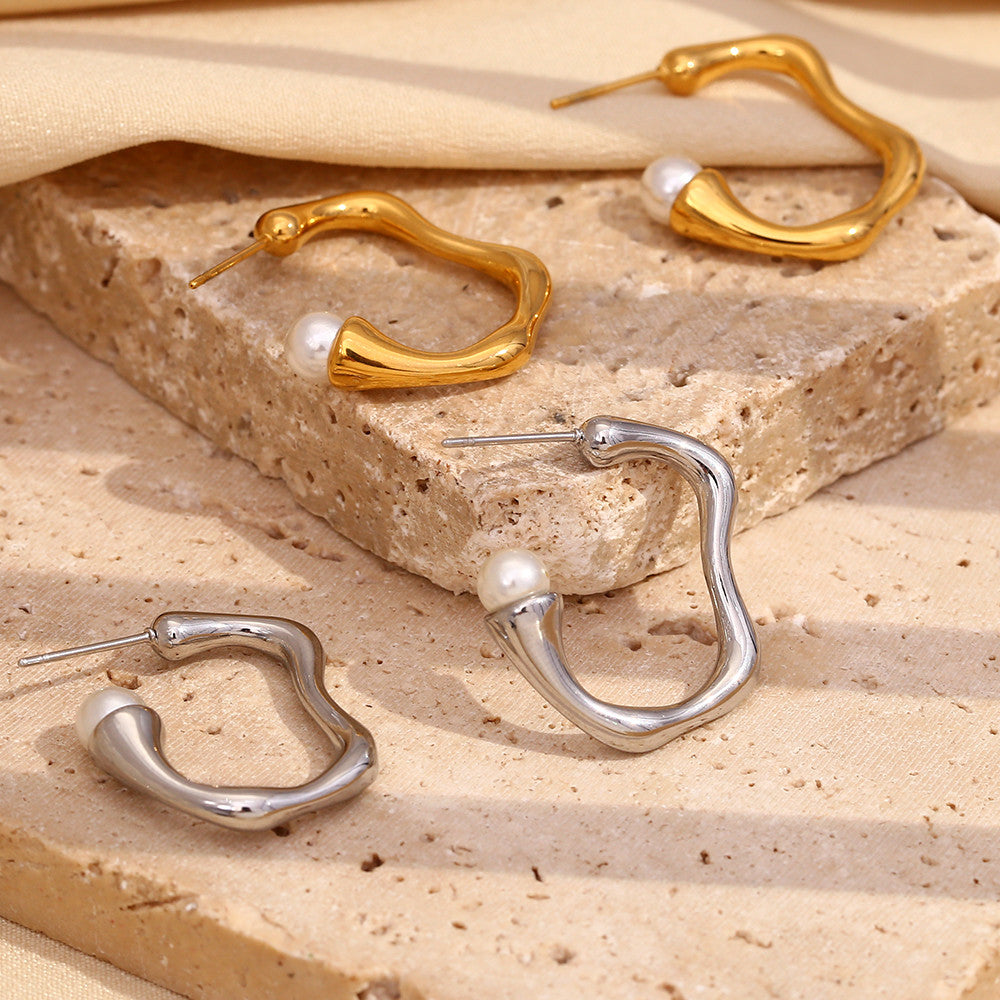 Ladies 18k Gold Silver No Fade Stainless Steel Smooth C-shaped Pearl Earrings