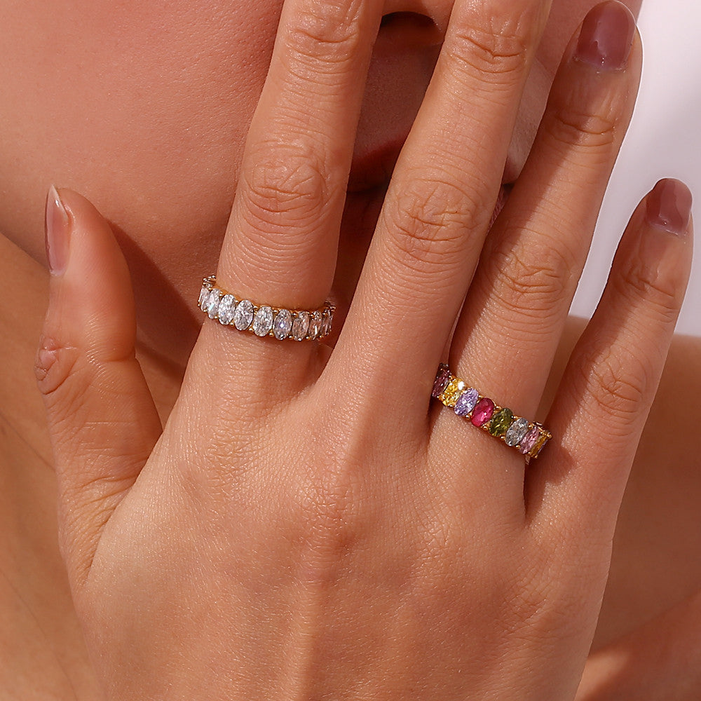 18k Gold Waterproof CZ Stainless Steel Wedding Party Oval Shape Zircon Rings