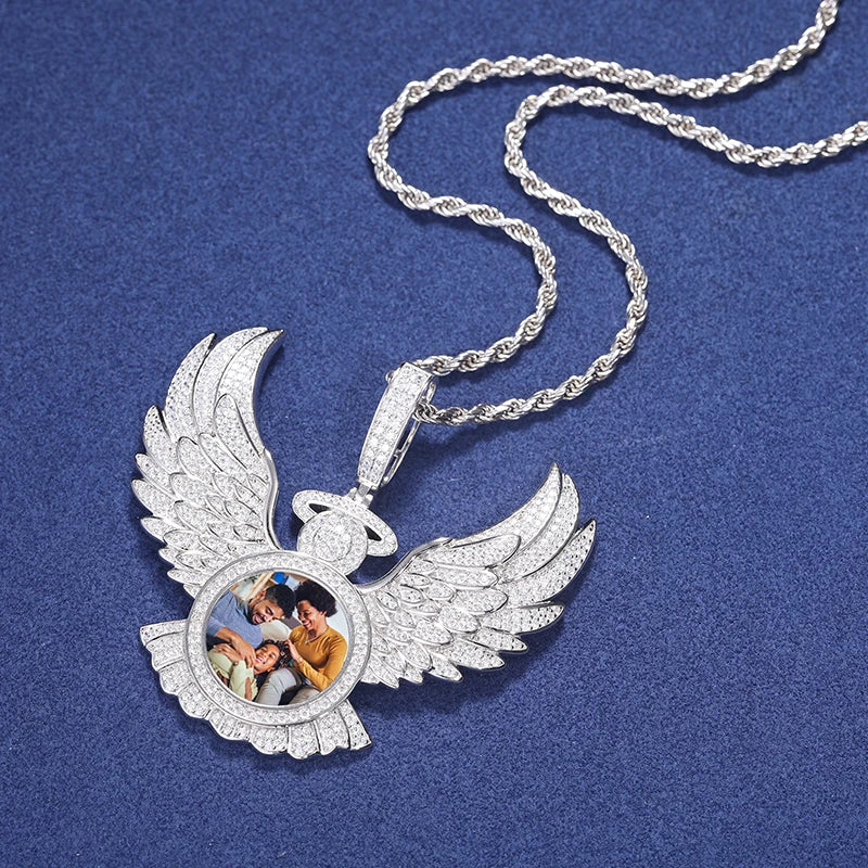 Angel Of Protection | 925 Moissanite Diamond Angel Wings Protection Custom Photo Pendant