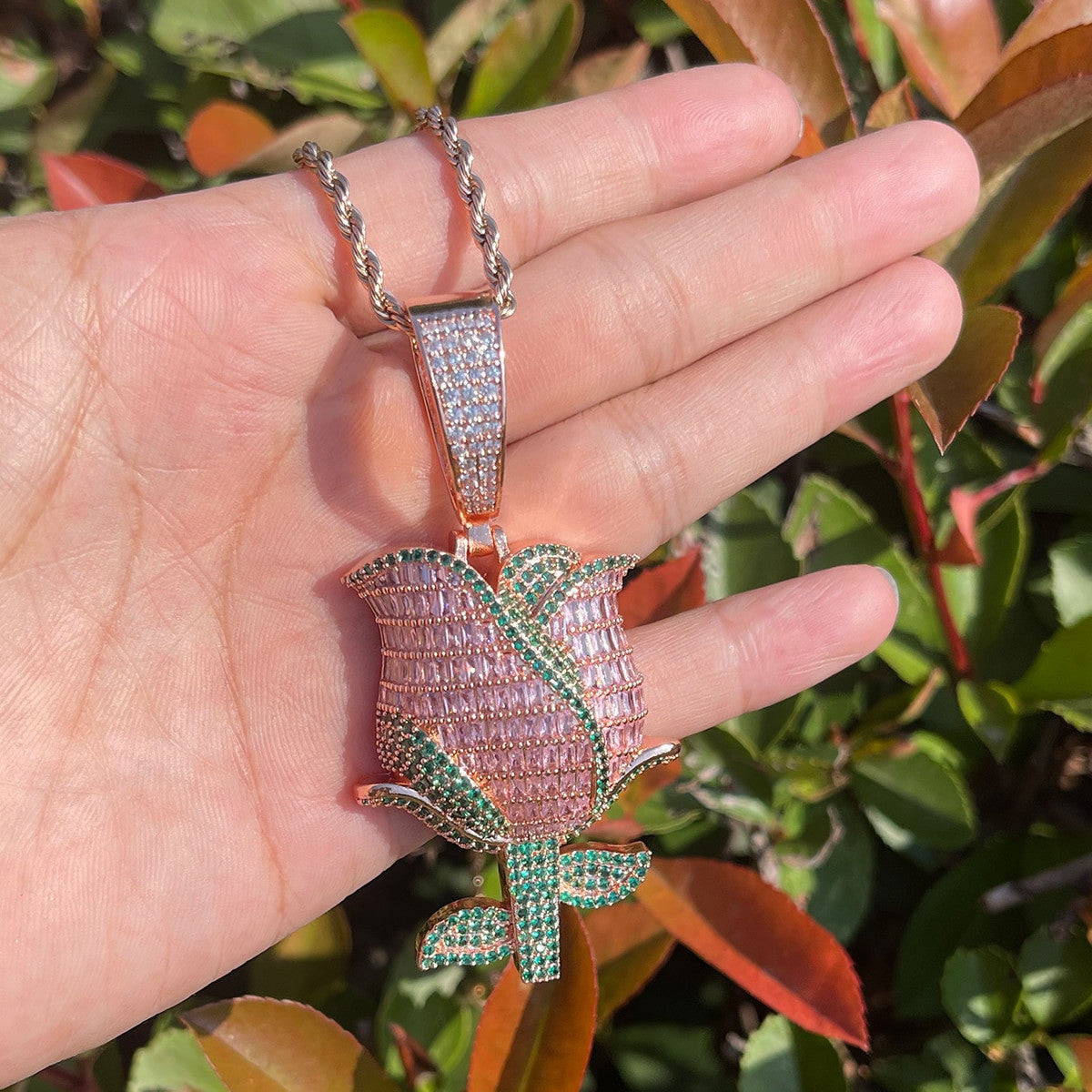 Beautifully Detailed Baguette &amp; Round Stone Prong Set Rose Pendant Chain Necklace