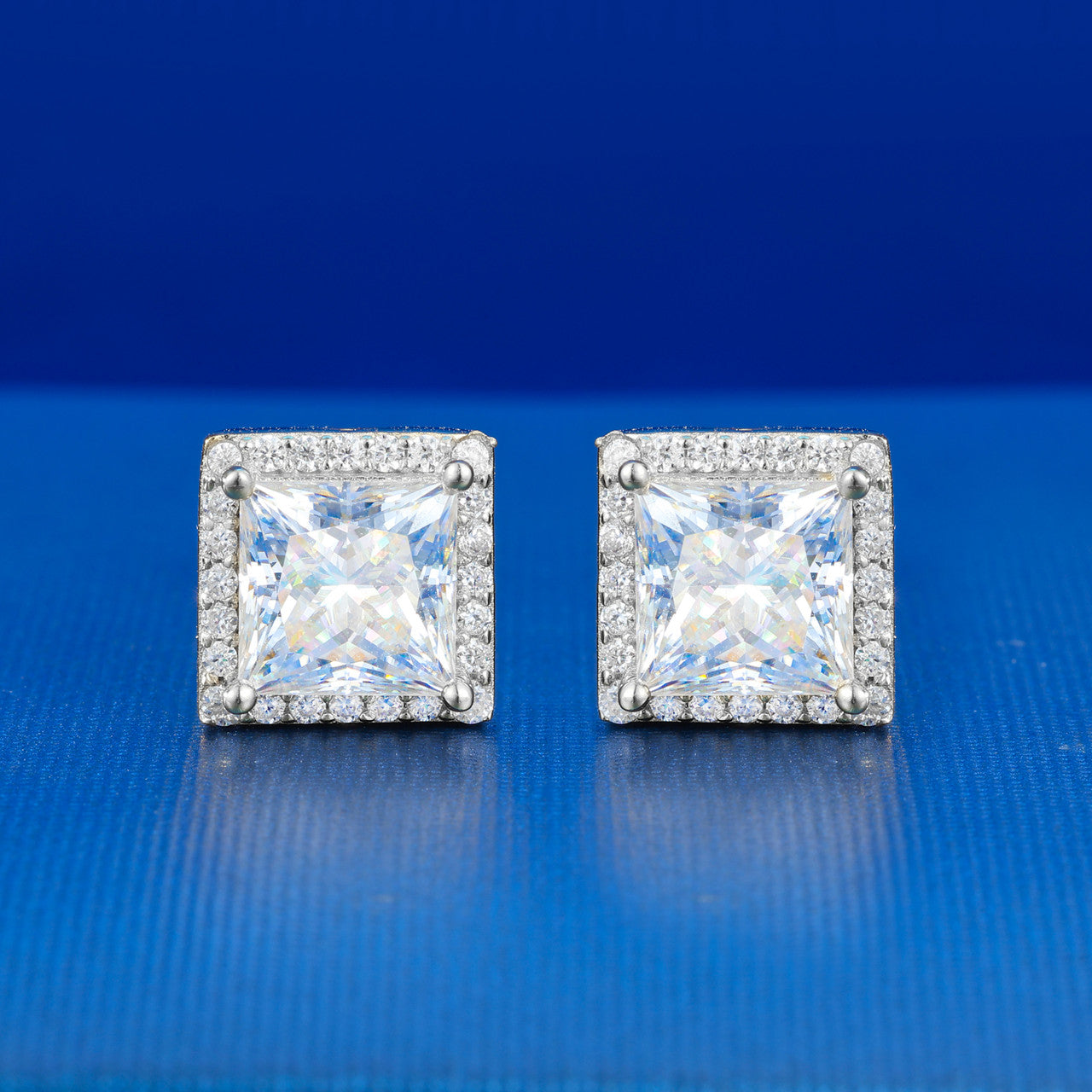 925 Sterling Silver Moissanite Diamond Halo Stud Hip Hop Princess Cut Earrings
