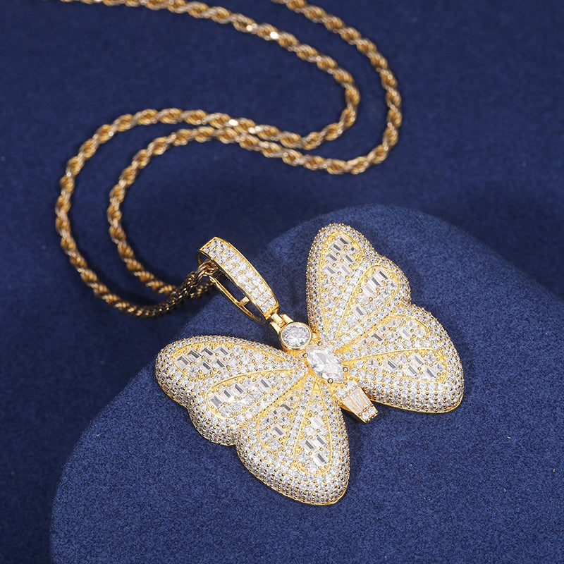 Iced Blinged Out Moissanite Diamond Sterling Silver Butterfly Hip Hop Pendant Necklaces