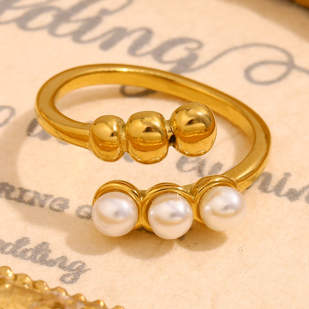 Ladies 18k Gold Elegant Round Pearl Beads Stainless Steel Waterproof Rings