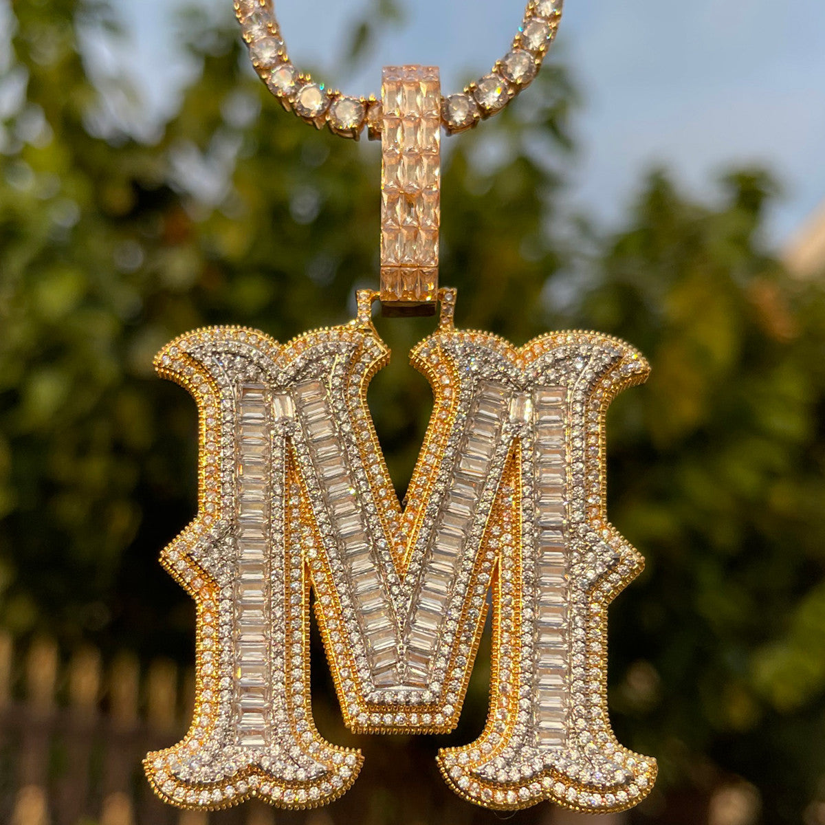 Alpha Baguette | Iced Blinged Out Initial Letter 4 Prong Set Hip Hop Pendants