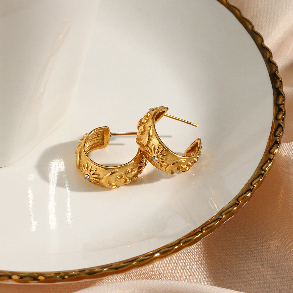 The Universe | Moon Sun Star 18k Gold Over Stainless Steel Chunky Hoop Earrings