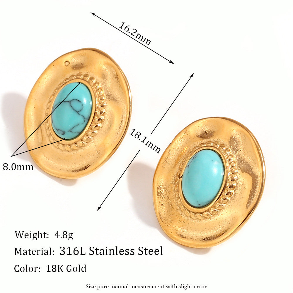 18k Gold Over Solid Stainless Steel Hammered Pattern Hollow Oval Zircon Heart Earrings