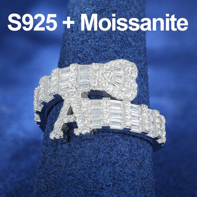 Moissanite Diamond Baguette Custom Initial Letter Heart Sterling Silver Hip Hop Rings