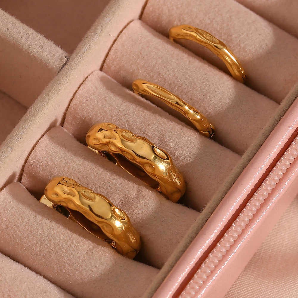 Women's 18k Gold Stainless Steel Waterproof 2 Sizes Chunky Thin Hammered Hoop Earrings