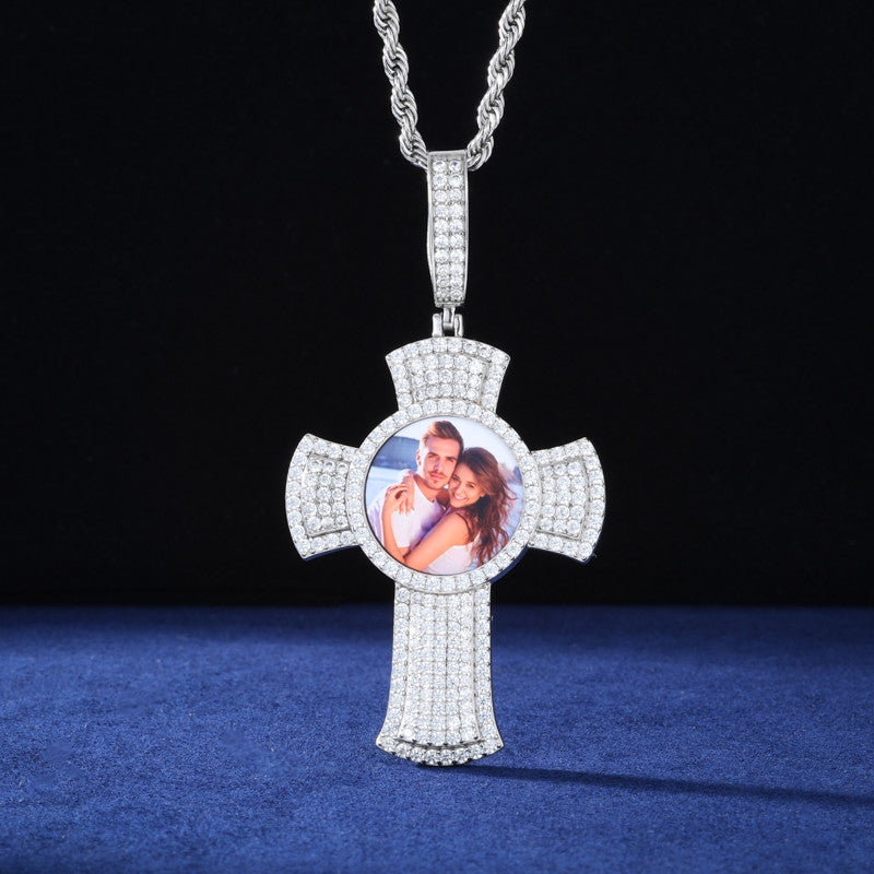 Memory Cross | Moissanite Diamond Solid 925 Silver Custom Photo Cross Iced Pendant