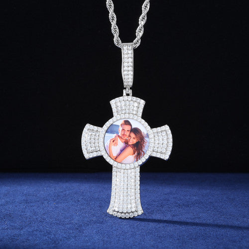 Memory Cross | Moissanite Diamond Solid 925 Silver Custom Photo Cross Iced Pendant