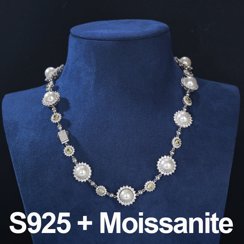 Pearl Sun | Moissanite Diamond Solid Sterling Silver Pearl Hip Hop Chain Necklace Bracelet Set