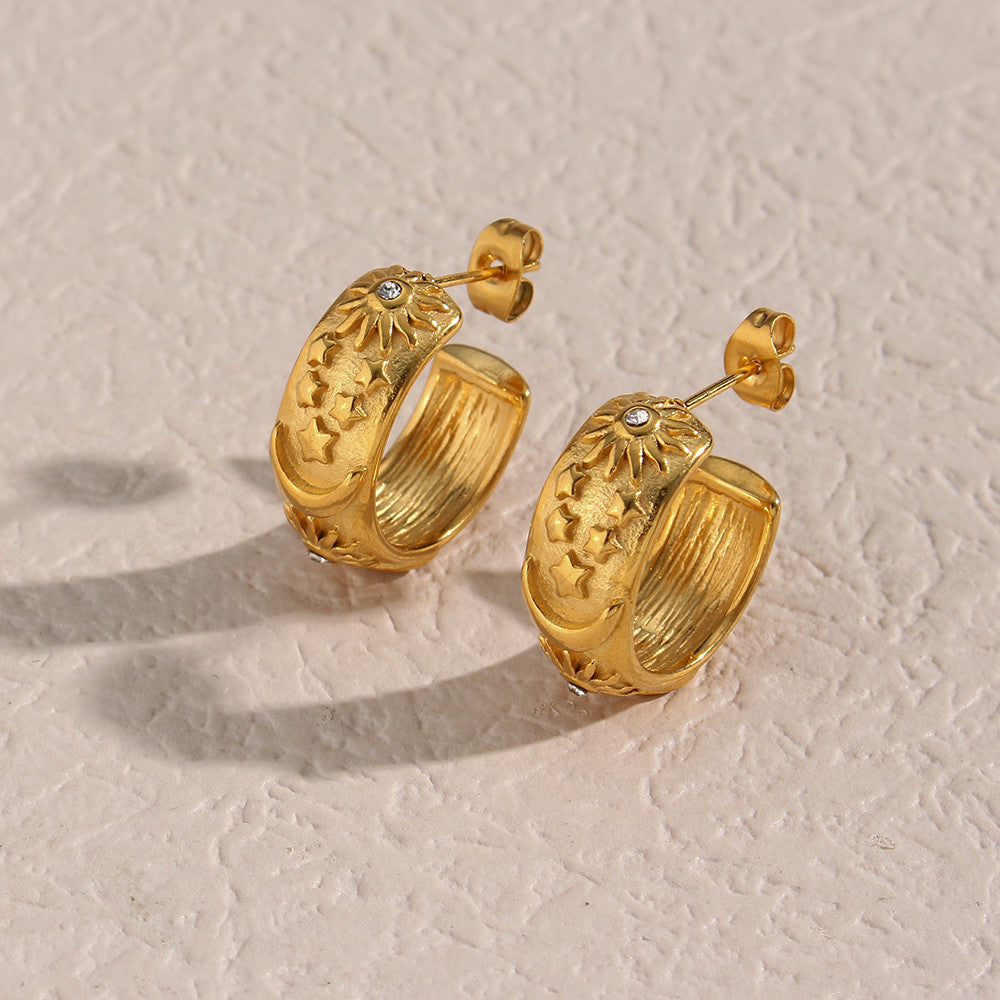 The Universe | Moon Sun Star 18k Gold Over Stainless Steel Chunky Hoop Earrings