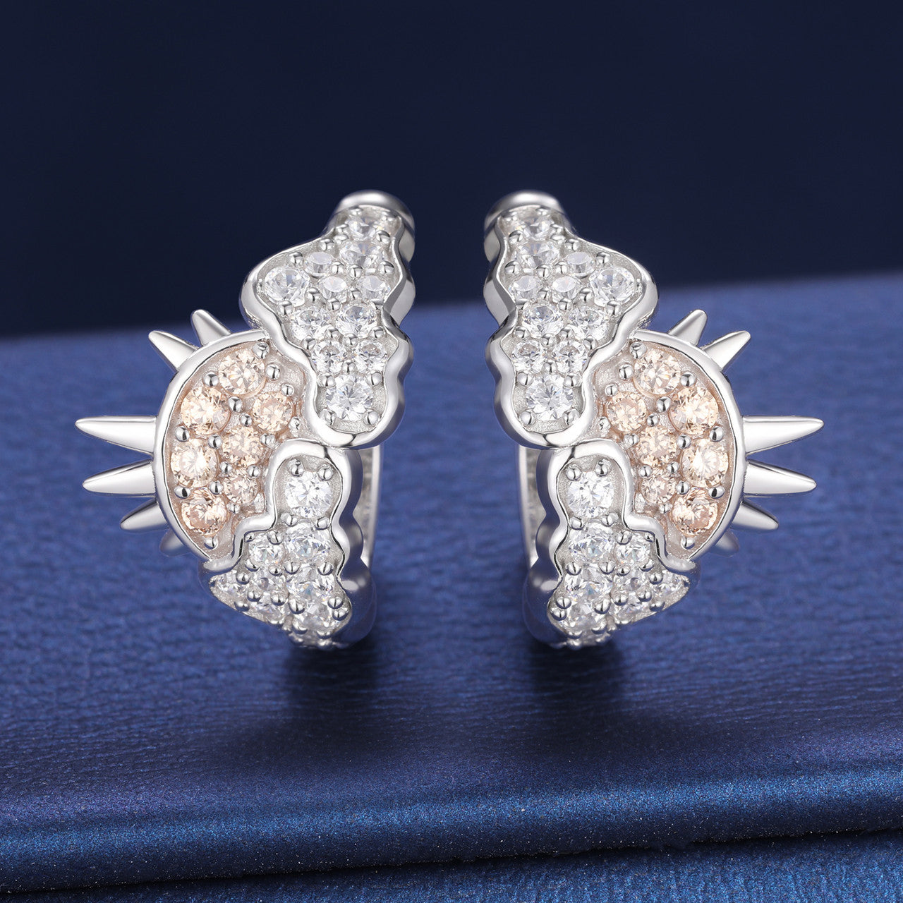 Sunny Clouds | Sterling Silver Moissanite Diamond Sun Rays Clouds Clip On Earrings