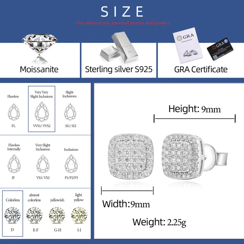 Sparkling Clusters |  Iced Blinged Out Moissanite Diamond Square Cluster Stud Earrings