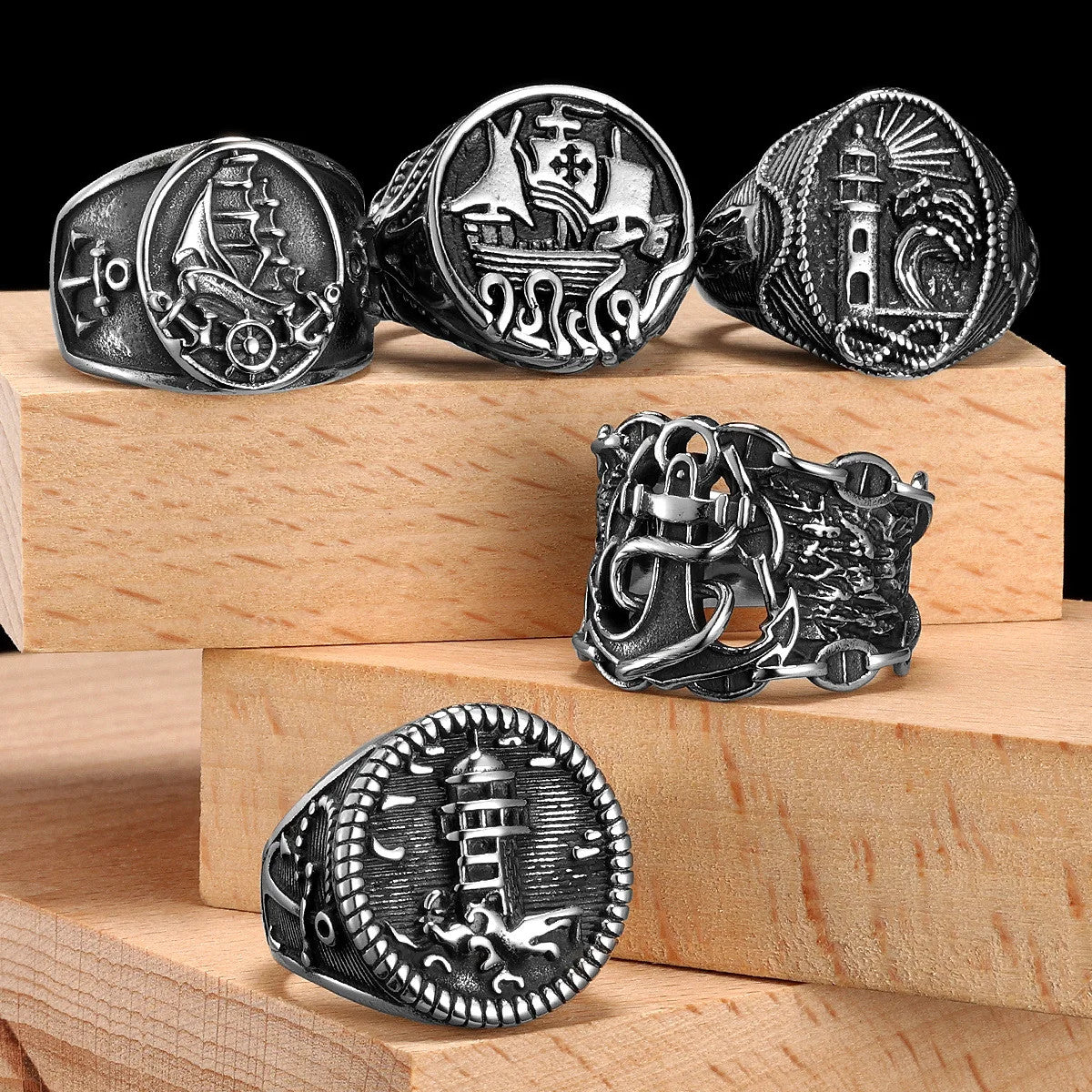 Nautical Navigator | 316L No Fade Stainless Steel Anchor Lighthouse Ocean Sailor Ship Men Rings