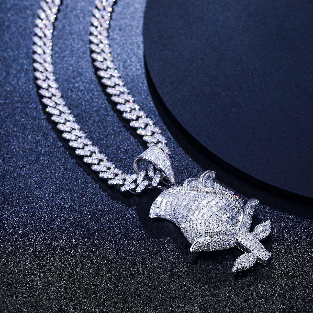 Iced Blossom | Moissanite Diamond Solid Sterling Silver Baguette & Round Stone Rose Pendant