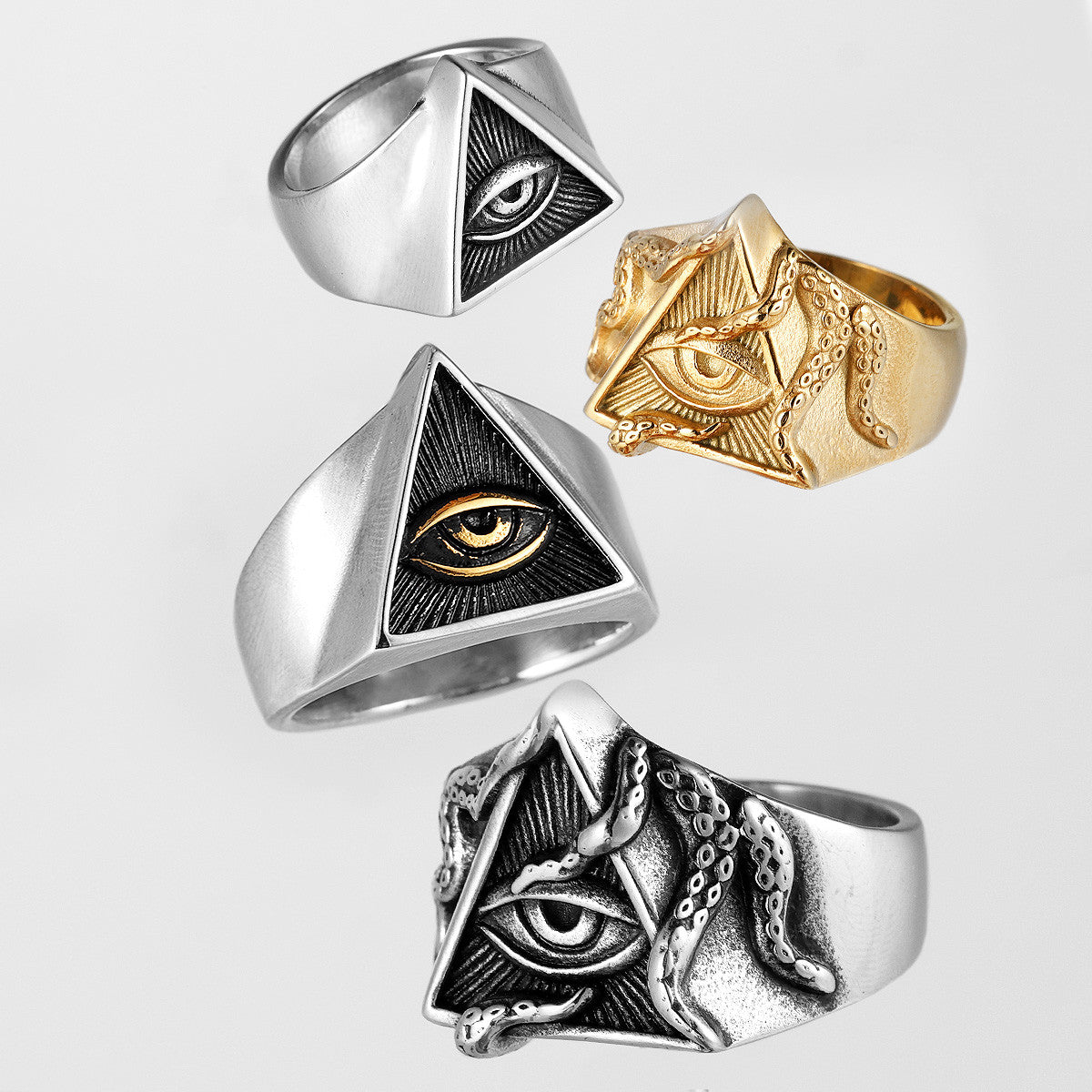 Freemason Illuminati | 316L No Fade Stainless Steel Triangle Masonic All Seeing Eye Rings