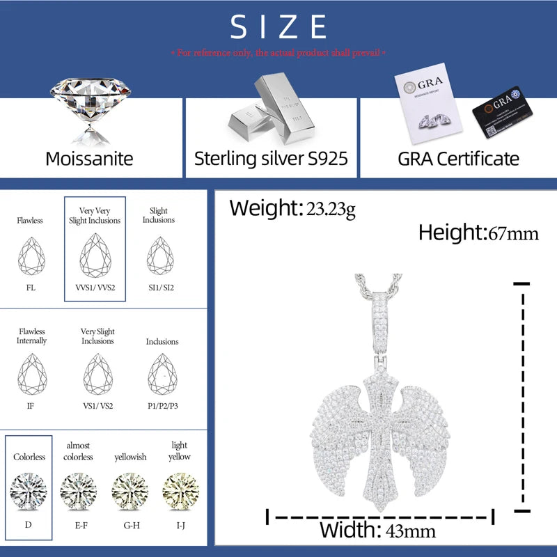 Wings Of Love | Iced Blinged Out 925 Sterling Silver Winged Cross Hip Hop Moissanite Pendant