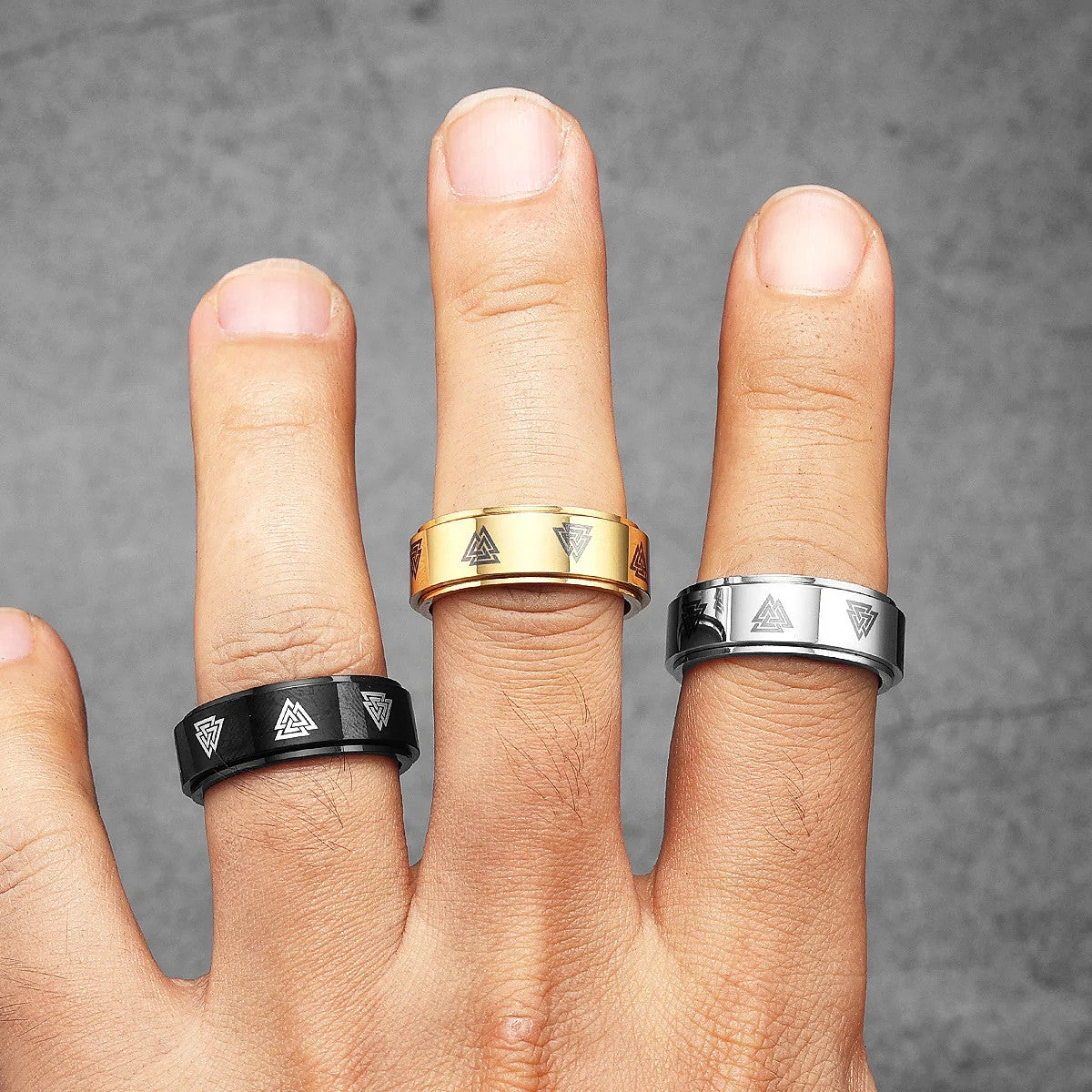 Odin's Triangle | 14k Gold Black Silver Rotating  Spinner Men Mythical Rings