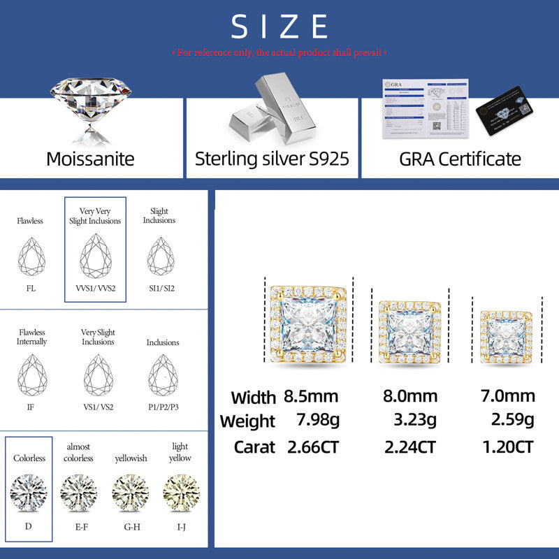 925 Sterling Silver Moissanite Diamond Halo Stud Hip Hop Princess Cut Earrings