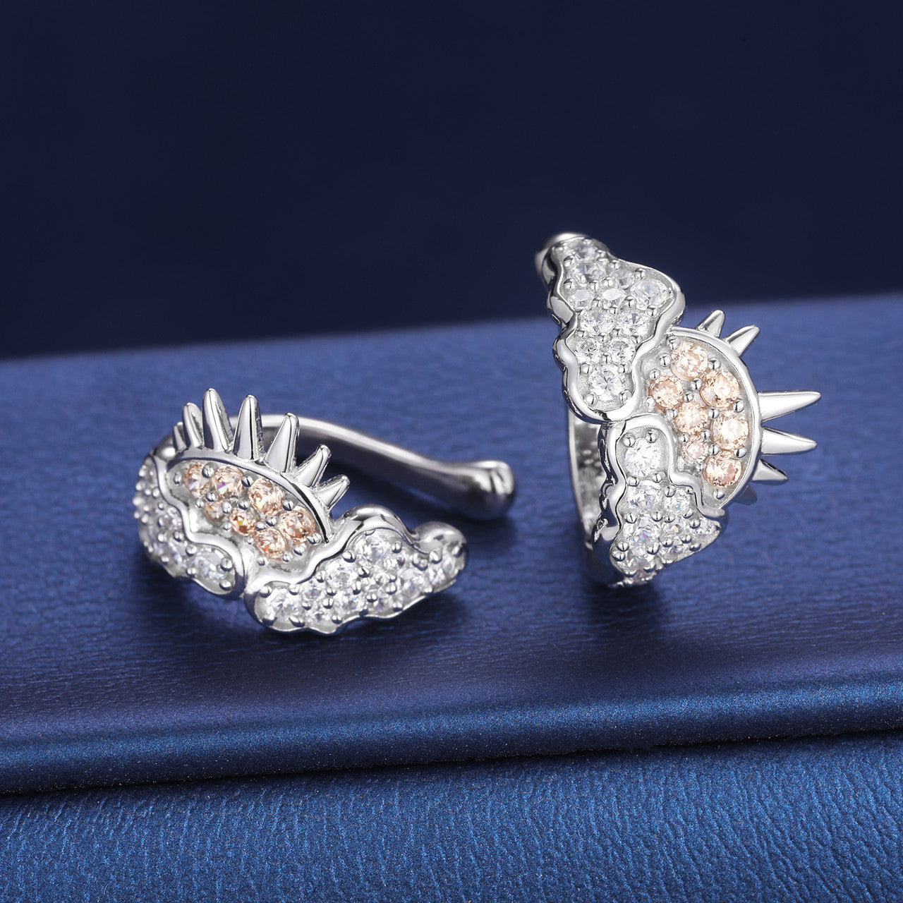 Sunny Clouds | Sterling Silver Moissanite Diamond Sun Rays Clouds Clip On Earrings